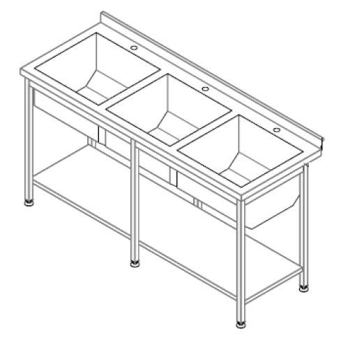 Мийка 3-х секційна з бортом та полицею (три отвори під змішувач) 1800х600х850*280 Техма