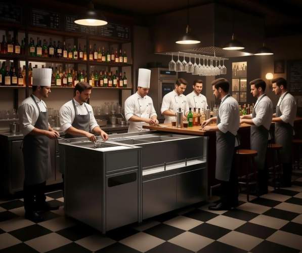 Станция бармена с ящиками и приставной мойкой - тумбой слева 1120+500/700/850 DS3